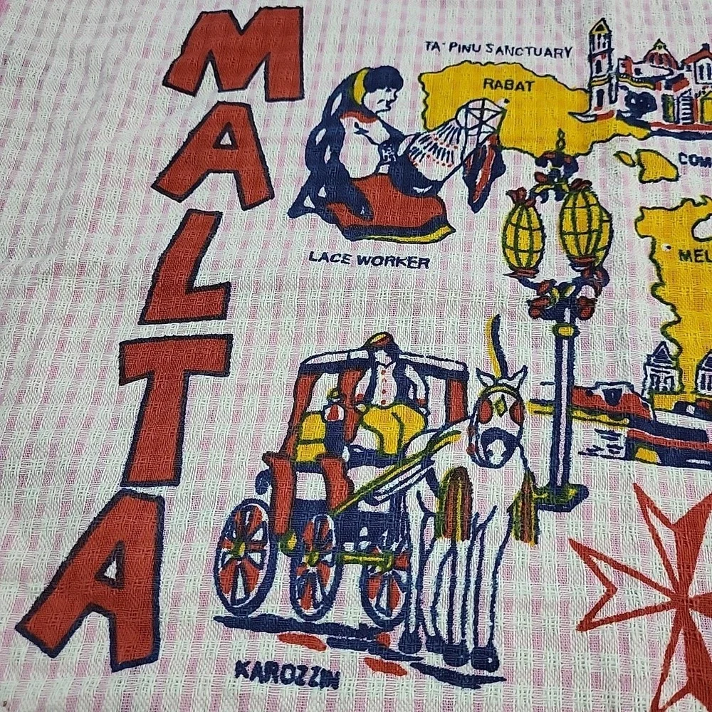 Vintage Tea Towel MALTA The Maltese Islands Travel Souvenir Pink 100%‎ Cotton